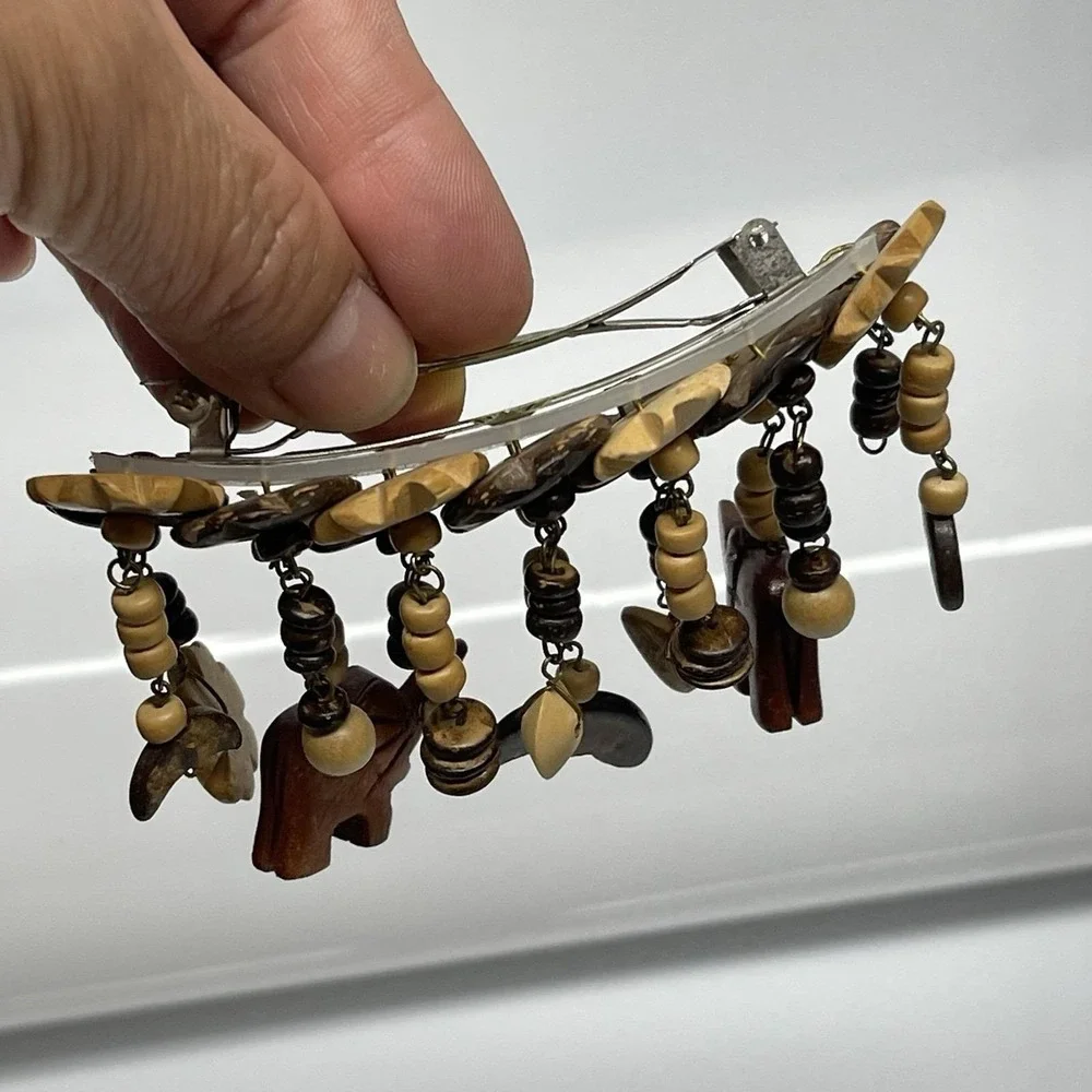 Vintage African Safari Hair Barrette Hand Carved Wooden Elephants Beads Floral